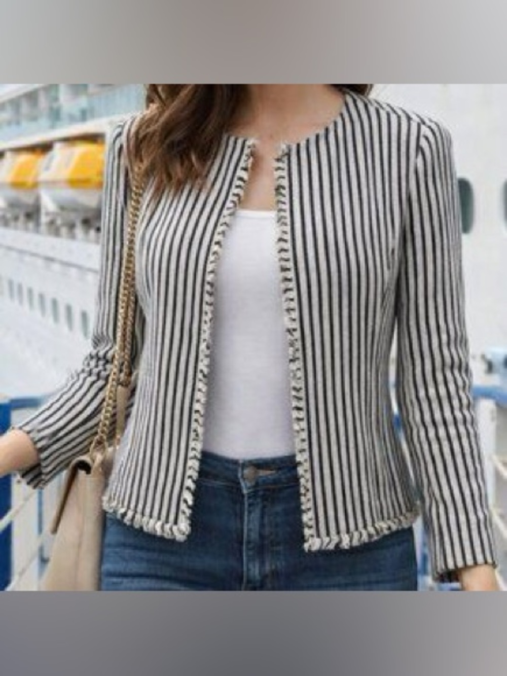 Hugo Boss Striped Collarless Open Jacket Fringe Black White Size 8 *B